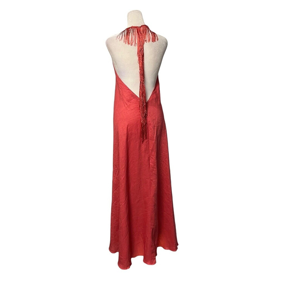 Zara Limited Edition Coral FringeLinen Halter Maxi Dress Size XS - Picture 7 of 11